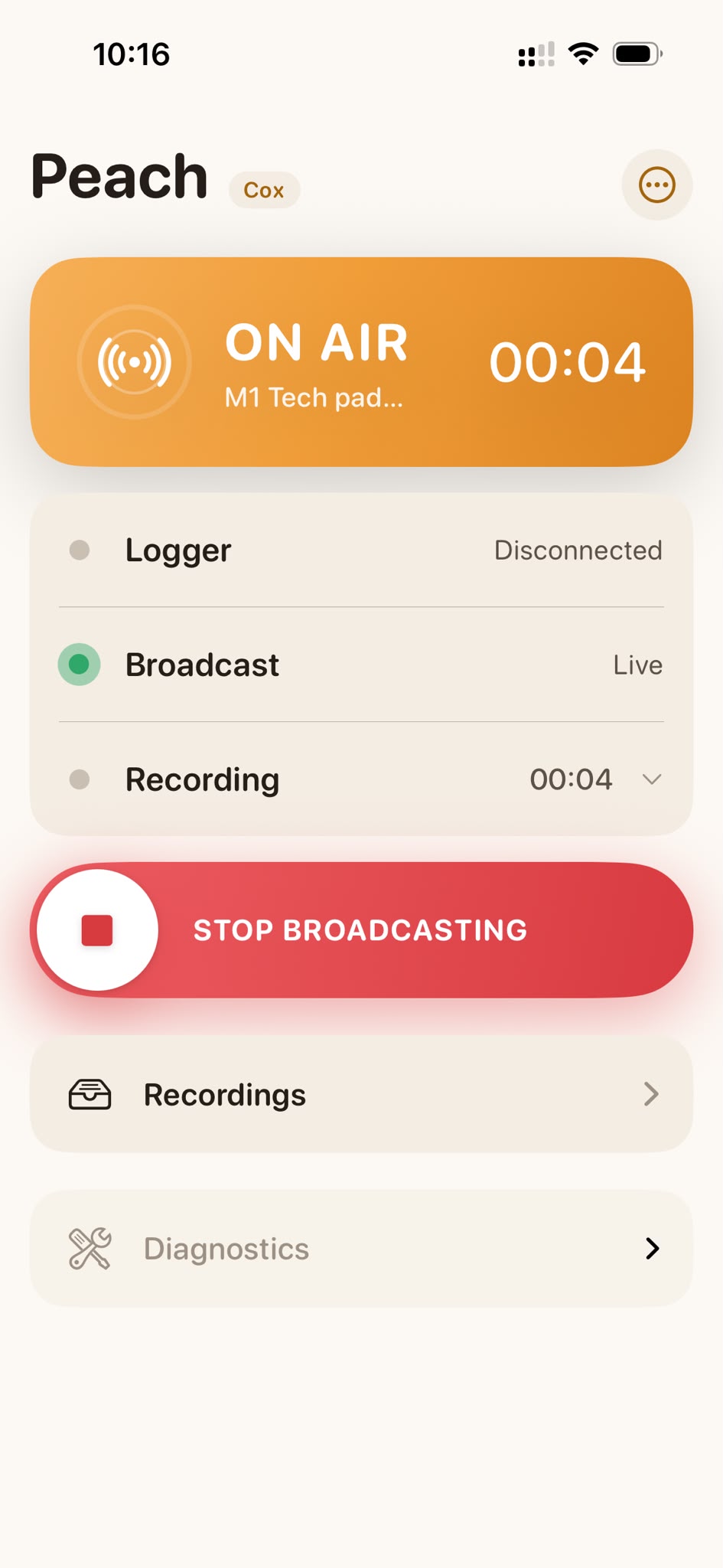 Peach phone app — broadcast, record and upload